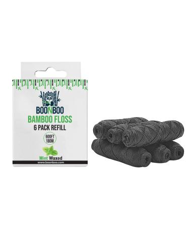Boonboo Dental Floss Refill | Bamboo Woven Fiber | 6pcs of 100FT/30M - Total 600FT/180M | Charcoal Teeth Flossing Thread | Sustainable & Biodegradable (Mint)