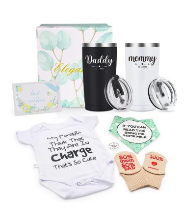 Pregnancy Gifts for First Time Moms, Daddy and Mommy Est 2022 20oz Insulated Tumblers Set Baby Onesie Socks Bib Decision Coin - Top New Parents Gifts for Mom and Dad to Be - Idea for Baby Shower