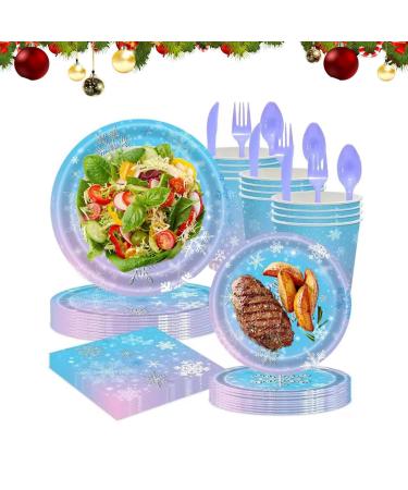 Christmas Paper Plate Sets - Blue Snowflakes Design Christmas Tablecloth Christmas Plates and Napkins Christmas Party Plates for 24 Guest