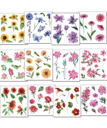 Tazimi 3D Flower Temporary Tattoos For Women Girls  12 Sheets Waterproof Sunflowers Rose Leaf Floral Tattoos for Adult Women Face Body Art