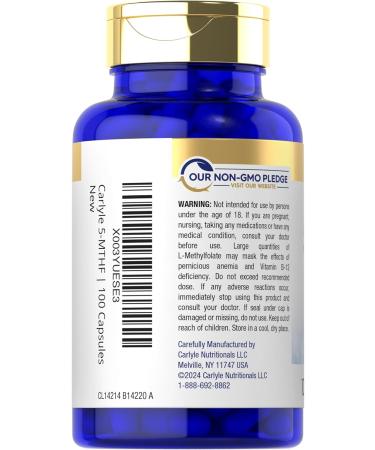 Carlyle 5-MTHF Supplement 15mg | 100 Capsules | L-Methylfolate | Non-GMO Gluten Free | Premium Quality - Buy Online on GoSupps.com