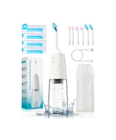 Nasal Irrigation System with 40 Saline Packets 15s Quick Relief Nettie Pot Sinus Rinse with 4 Speeds 1000mah USB-C Charging 6 Nozzles for Kid Adult IPX7 Waterproof Congestion Pressure Relief