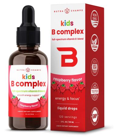 NutraChamps Vitamin B Complex for Kids, B1, B2, B3, B6, B7, B9 & Methyl B12, Kids B Complex Liquid Drops Supplement, Energy, Focus, Metabolism, Natural Berry, 120 Servings, 4 Month Supply 2 Fl Oz (Pack of 1) Kids Drops
