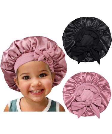 Satin Silk Bonnet Hair Cap: 2pcs Bonnets For Kids with Elastic Tie Band Adjustable Straps for Sleeping Sleep Comfortable - Stretchy Tie Band Hair Bonnets No Slip-Off (Black-RoseGold-K)