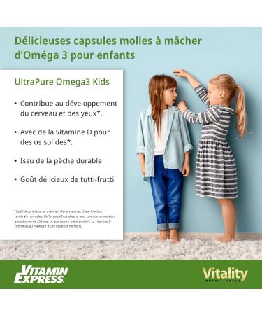 VitaminExpress Omega 3 Ultrapure 435mg Fish Oil Omega 3 0.2g DHA + 0.01g EPA + Vitamin D + Vitamin E 120 Chewable Capsules Tutti-Frutti Flavor - Buy Online on GoSupps.com