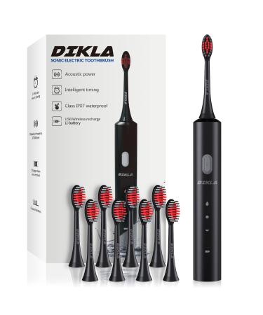 DIKLA Electric Toothbrush,Rechargeable Powered Toothbrush for Adults,Whitening Sonic Toothbrush with 8 Replacement Brush Heads,Last 90 Days,Deep Cleaning Black