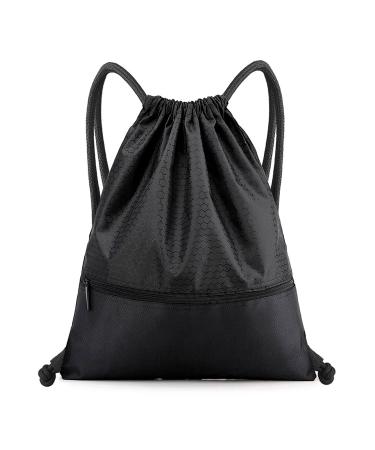 Drawstring Backpack Bag Waterproof Draw String Back Sack with Zip Pocket Gym Drawstring Bags Swim Bag for Men Women Black Upgraded