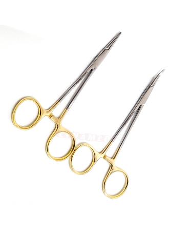 Premium German Stainless- Set of 2 PCS Gold Handle Mosquito Locking HEMOSTAT Forceps Straight + Curved 5-Cynamed