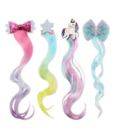 Hi -fot 4pcs curls hair extension clips unicorn sheet princess hair clips girl hair accessories colorful hair parts synthesis party 4 pieces
