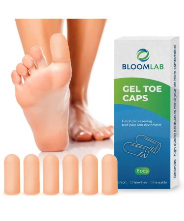 BloomLab Gel Toe Cap and Protector - 6 Big Beige Toe Covers Cushion Toe Sleeves to Provide Relief from Missing/Ingrown Toenails Corns Calluses Blisters Hammer Toes for Women & Men 6 Pcs Beige Big (Pack of 6)