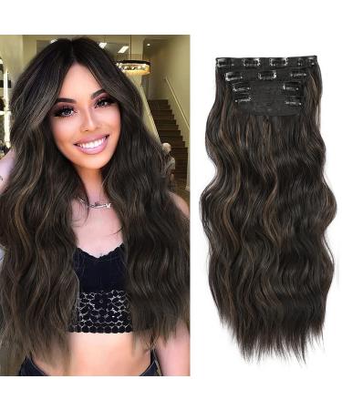 Clip in Hair Extensions 4PCS Thick Full Head Dark Brown with Highlights 20Inch Hair Extensions Clip in Curly Wavy Synthetic Hair Extension Hairpieces