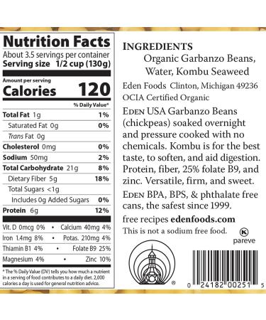 Eden Organic Garbanzo Beans 15 oz (Pack of 12) - No Salt Added | Buy Online - Buy Online on GoSupps.com