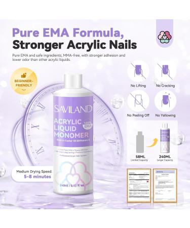 SAVILAND Acrylic Liquid Monomer 8.16 fl.oz - Pure EMA Nail Liquid with Brush Cleaner & 3 Acrylic Brushes | Perfect for Home Nail Salon & Extensions - Buy Online on GoSupps.com