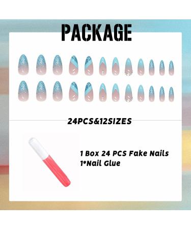 Buy IMSOHOT Almond Press on Nails - Medium Blue Glitter Gradient False Nails with Rhinestones - 24pcs Glossy Acrylic Nail Designs for Women - Buy Online on GoSupps.com
