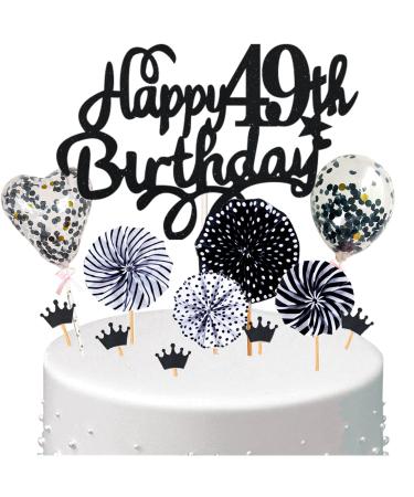 Conruich Cake Topper 49th Birthday Man Cake Topper Happy 49th Birthday Black Glitter Cake Topper 49th Birthday Balloons Confetti Paper Fans for Birthday Cake Decoration 49 Years Women Men