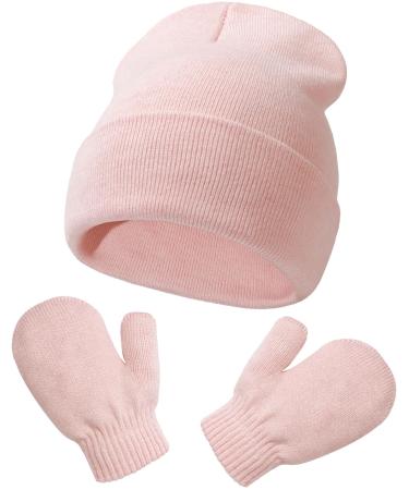 XYIYI Newborn Baby Winter Beanie Hat Mitten Set Infant Toddler Warm Knitted Hat Glove Set for Boys Girls 3-18 Months Pink2
