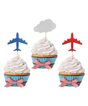 Ambishi 24pcs Airplane Cupcake Toppers for Kids Birthday Baby Shower Party Decorations How Time Flies Plane Theme Party Cupcake Picks Travel Party Favors Airplane and Cloud Cake Decor