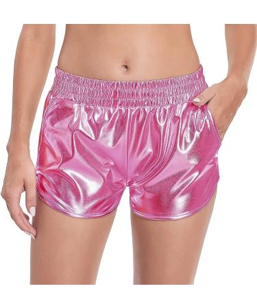 Fenyong Women's Metallic Shiny Shorts - Hot Pink Large | Rave Dance Elastic Waist Pants - Buy Online on GoSupps.com