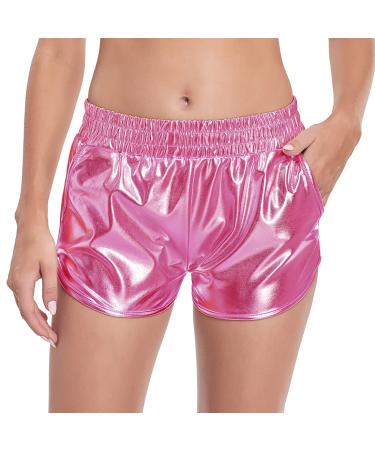 Fenyong Women's Metallic Shorts Shiny Pants with Elastic Waist Hot Rave Dance Clothing Pink Medium