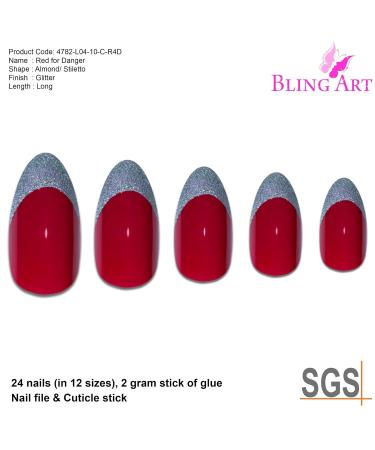 Shop Red Silver Stiletto Almond False Nails - 24 Bling Art Artificial Nails with Glue for Perfect Manicure | International Shipping Available - Buy Online on GoSupps.com