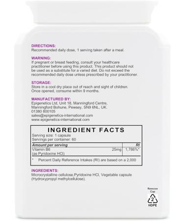 Pyridoxine | 25mg Vitamin B6 (Pyridoxine HCl) | Normal Immune System & Reduces Tiredness | 60 Vegan Capsules UK Made | 1 Capsule Daily (2 Month Supply) - Buy Online on GoSupps.com