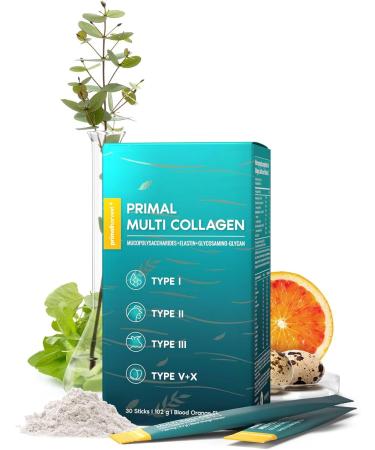 Primal Harvest Set of 30 collagen sticks with collagen peptides type I II III IV and X in convenient food supplement packages taste: blood orange  - Buy Online on GoSupps.com