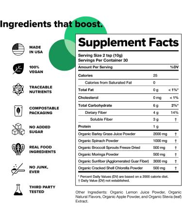 Organic Superfood Powder - Green Juice Smoothie Mix with Chlorella, Barley Grass, and Broccoli Sprouts for Immune Support and Brain Health - 30 Servings - Buy Online on GoSupps.com