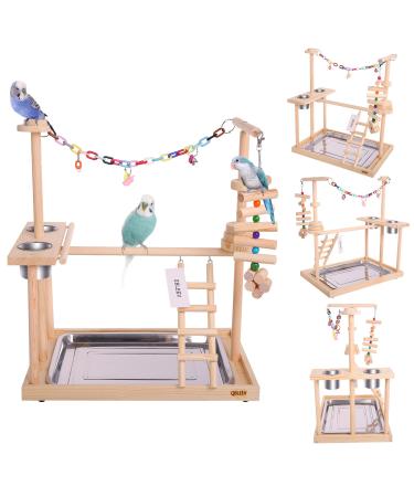 QBLEEV Parrot Playstand Bird Play Stand Cockatiel Playground Wood Perch Gym Playpen Ladder with Feeder Cups Toys Exercise Play (Include a Tray) L (19"L13"W21"H)