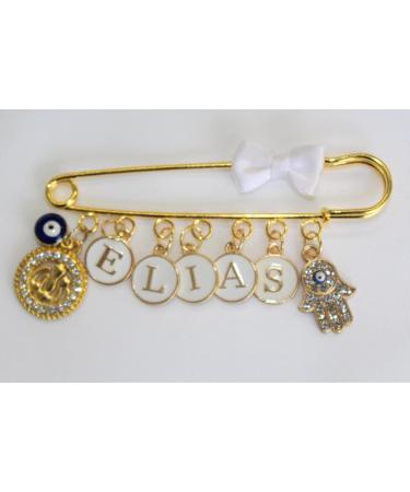 Personalized Baby Pin with Name - Infidel Brooch Lucky Charm Stroller Pin for Boys & Girls | Blue Eye & Hand Design - Buy Online on GoSupps.com