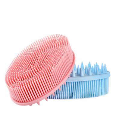2 Pieces Exfoliating Silicone Body Scrubber  2 in 1 Silicone Bath and Shampoo Brush  Wet and Dry Scalp Massager/Brush for Skin Care Scalp Massager - Pink & Blue