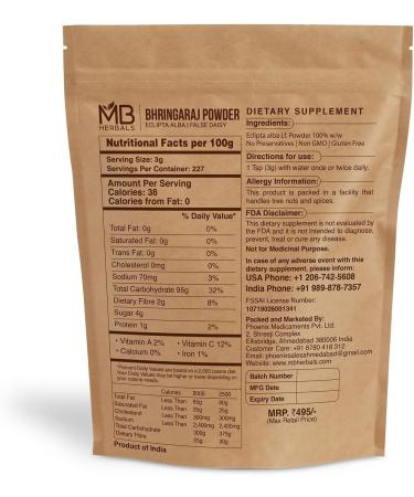 MB Herbals Pure Bhringraj Powder 1 lb | 100% Natural Eclipta Alba Hair Care Supplement | Non-GMO & Preservative-Free - Buy Online on GoSupps.com