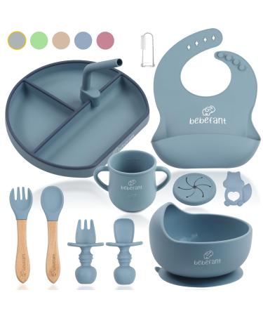 Baby Weaning Set by Bebefant Suction Bowl Suction Plate Baby Cup Adjustable Bib with Pocket Bamboo Fork & Spoon for Baby Led Weaning Baby Feeding Set (Large Blue) Blue - Large Set