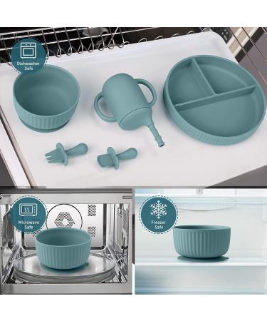 Baby Feeding Set: Silicone Bib, Suction Divided Bowl, Spoon, Fork - Toddler Utensils for Baby Led Weaning - 6 Months (Blue Green) - Buy Online on GoSupps.com
