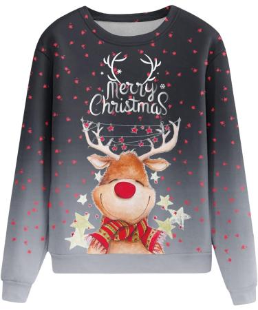 Women's Christmas Sweater | Santa Claus & Moose Print Pullover | Festive Long Sleeve Tops - Size 6 Gray - Buy Online on GoSupps.com