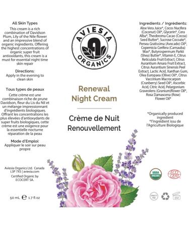 Aviesia Organics Renewal Night Cream - USDA Certified- NO Alcohol. NO Parabens. NO Artificial Fragrance. Deep Moisturizer for Hydrating.Repairing.Replumping .Perfect for dry skin (60ML) 1.7 Fl Oz (Pack of 1) - Buy Online on GoSupps.com
