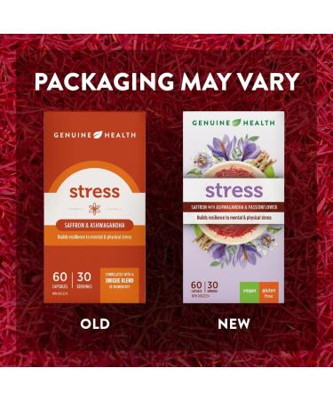 Genuine Health stress 60 count 30 day supply Saffron Ashwagandha and Passionflower for natural daily stress and sleep support Dairy & gluten-free Vegan - Buy Online on GoSupps.com