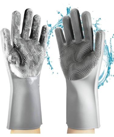 Dishwashing Gloves YIWANDA Reusable Silicone Pair of Rubber Scrubbing Gloves for Dishes Cleaning Gloves Magic Washing Gloves with Sponge Scrubbers for Kitchen Bathroom Car(Grey)