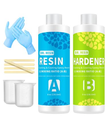 DR. RESIN Clear Epoxy Resin Art Resin Kit 16oz Crystal Jewelry Resin 2 Part Epoxy Resin Kit with Bonus Measuring Cups Sticks and Gloves