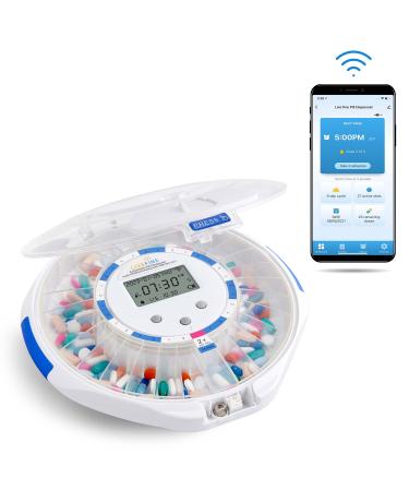 LiveFine Smart WiFi Automatic Pill Dispenser Clear Lid | 28-Day Medication Organizer Up to 9 Doses Per Day for Care Monitoring with Lock Key, Light/Sound Alarms for Prescriptions & Vitamins