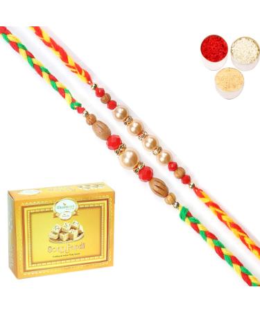 Ghasitaram Gifts Rakhi for Brother Rakhis Online - Set of 2 6431 6432 Pearl Rakhis with 400 GMS of Soan Papdi