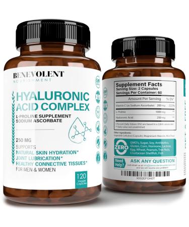 Premium Hyaluronic Acid Supplements 250mg - with 200mg Vitamin C & 1000mg L Proline, Non-GMO 120 Capsules, Anti Aging, Promotes Youthful Healthy Skin, Supports Healthy Connective Tissue and Joints