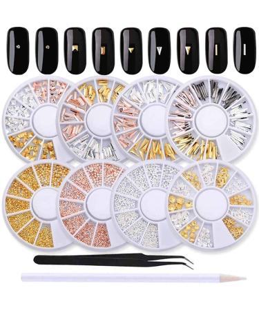 WOKOTO 8 Boxes 3d Geometry Metal Gold Nail Charms For Nail Art Studs Wheels Kit Mix-Shape Nail Jewelry And Decorations Sliver Nail Rivet Set 3d Nail Art Charms With 1pc Tweezers And Wax Pencil KIT1