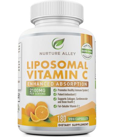 NURTURE ALLEY Liposomal Vitamin C 2100mg- 180 Capsules High Absorption Ascorbic Acid - Supports Immune System and Collagen Booster - Powerful Antioxidant High Dose Fat Soluble Supplement - Buy Online on GoSupps.com
