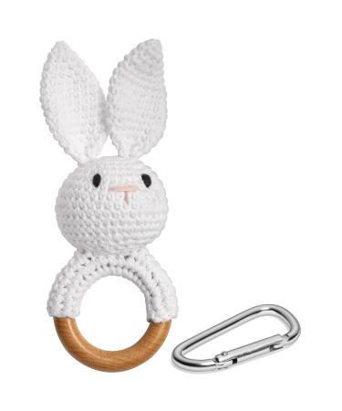 Crochet Bunny Rattle with Diaper Bag Clip - Wooden Teether Baby Rattle for Baby Girls and Boys - Natural Cotton with Wooden Teething Ring