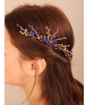 Kercisbeauty Blue and Gold Hair Piece for Wedding Brides Women Bohemia Handmade Crystal Hair Accessory (Blue)
