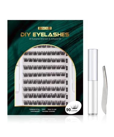 Lanciley Individual Lashes 90 Cluster DIY Eyelash Extension Kit at Home for Make-up Beginner False Eyelashes with Glue Tweezers Easy to Use 10/12/14/15/16mm C CC D Curl - Fluffy Style Pack of 1 90 clusters - fluffy