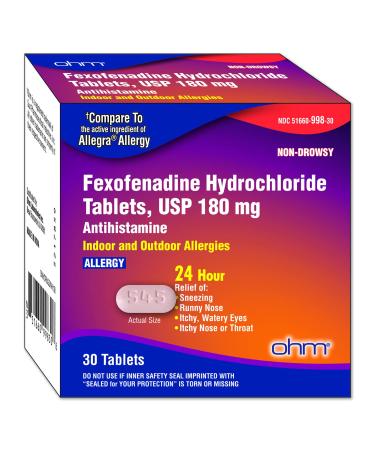 Ohm Non-Drowsy Fexofenadine Antihistamine Indoor Outdoor Allergy Relief Tablets 30ct