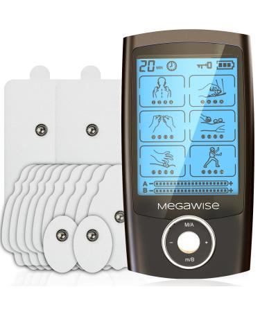 MegaWise 48 Modes(24 * 2) Dual Channel EMS TENS Unit Muscle Stimulator with 14Pcs Reusable Electrode Pads. Rechargeable Continuous Mode Electronic Pulse Massager with Storage Pouch/Pads Holder