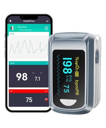 HealthTree Bluetooth Fingertip Pulse Oximeter Blood Oxygen Saturation Monitor and Pulse Rate Monitor for Apple and Android With OLED Screen Included 2*AAA Batteries and Lanyard Gray