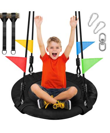 Odoland 24 inch Kids Tree Swing, Outdoor Small Saucer Swing - 900D Oxford Platform Swing - Backyard Round Flying Swing with Hanging Ropes, Straps and Turnbuckle Black